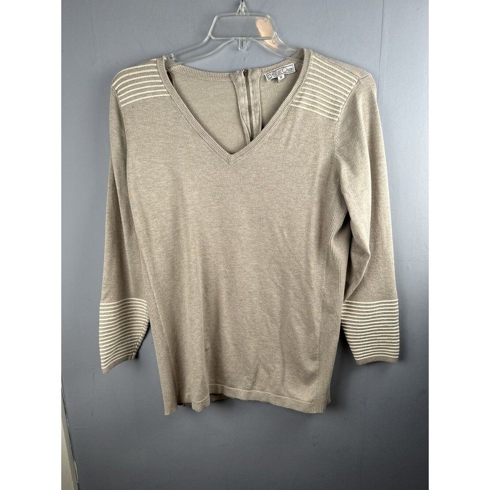 All At Once Women's Sz XL Tan & Off White Long Sleeve Sweater V-neck Back Zipper